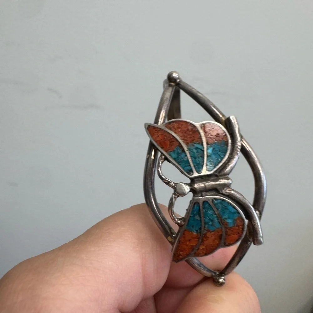 Vintage Southwest crushed coral and turquoise butterfly cuff bracelet
